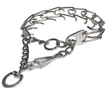      Zgarda otel cromat pentru dresaj cu prindere rapida (carabina cleste) Herm. Sprenger - 51 cm 	  Foarte muti posesori de caini evita sa foloseasca zgarzile pentru dresaj datorita faptului ca se pun dificil la gatul cainelui. Din aceasta cauza ori se p